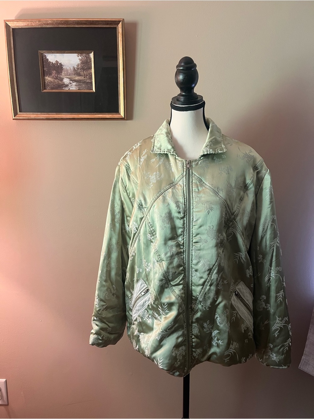 Vintage Light Green Floral Satin Lightly Quilted Jacket With 100% Silk Lining